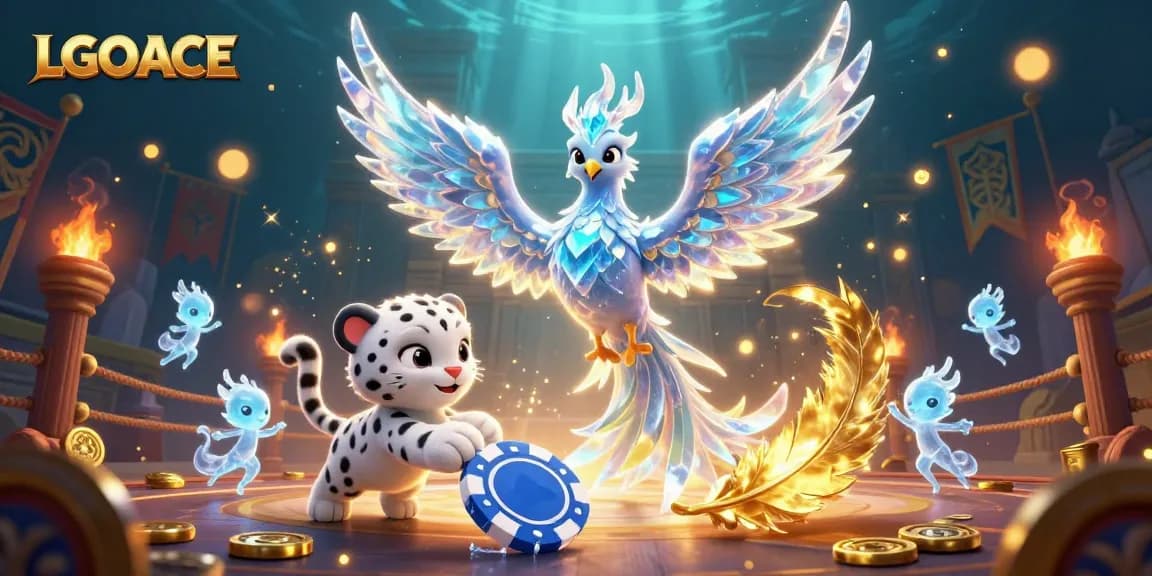 LGOACE showcases a vibrant 3D scene with an ice phoenix and poker chip highlights, emphasizing engaging online gaming.