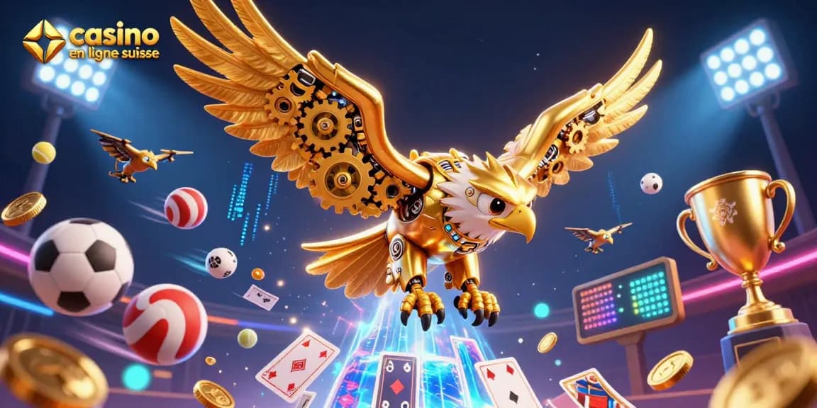 Illustration dynamique de casino en ligne suisse avec un aigle cybernétique et des ballons de sport.
