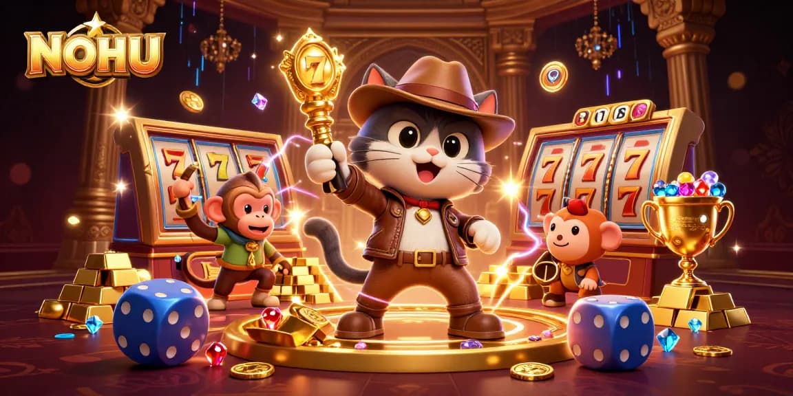 NOHU players spinning slots and winning jewels in a vibrant casino scene