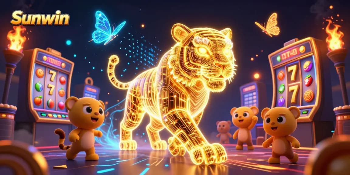 Experience the thrill of Sunwin with an energetic 3D casino illustration featuring a golden tiger and vibrant game elements.