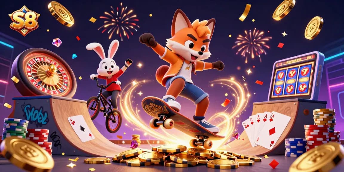 S8 casino scene featuring a skateboarder fox kicking over poker chips and a BMX rabbit while golden coins cascade around.