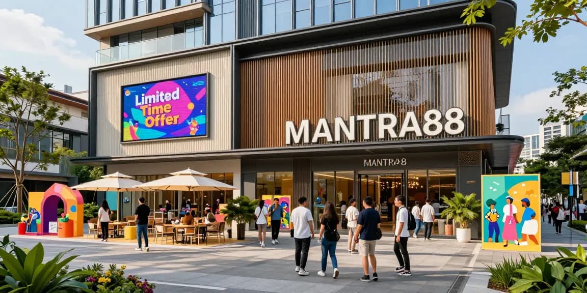 Visitors enjoying the lively atmosphere at MANTRA88 commercial property, showcasing vibrant storefronts and outdoor cafes.