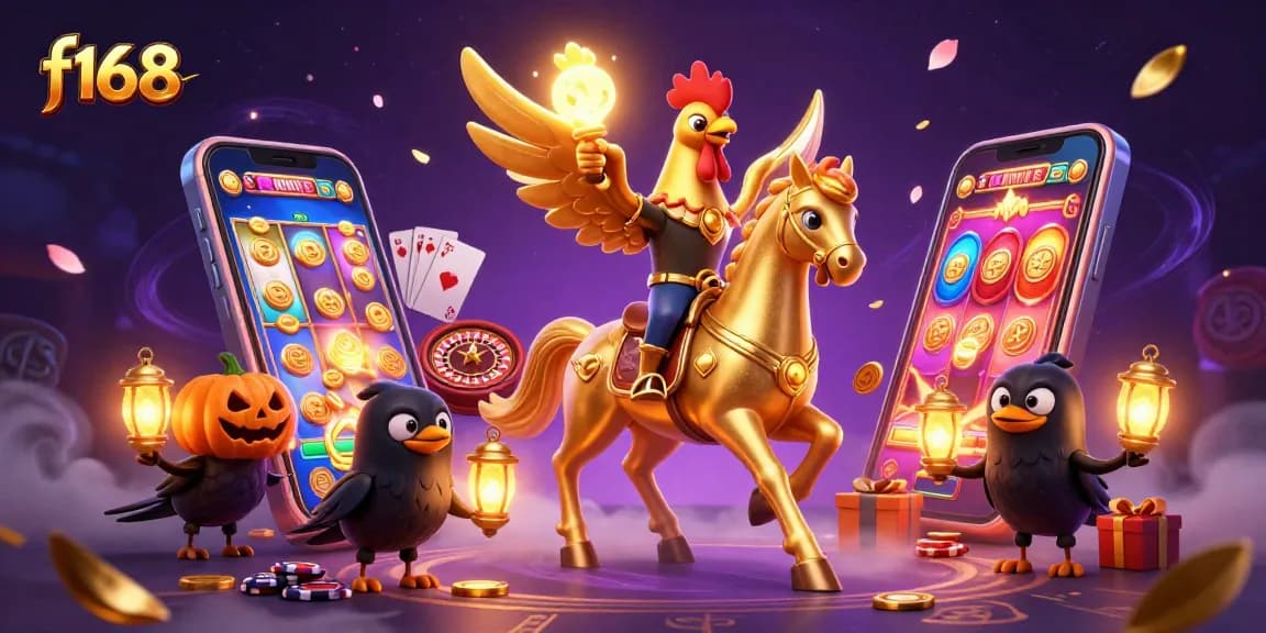 Win big at f168 with a golden rooster and mystical casino scene full of vibrant gaming elements.