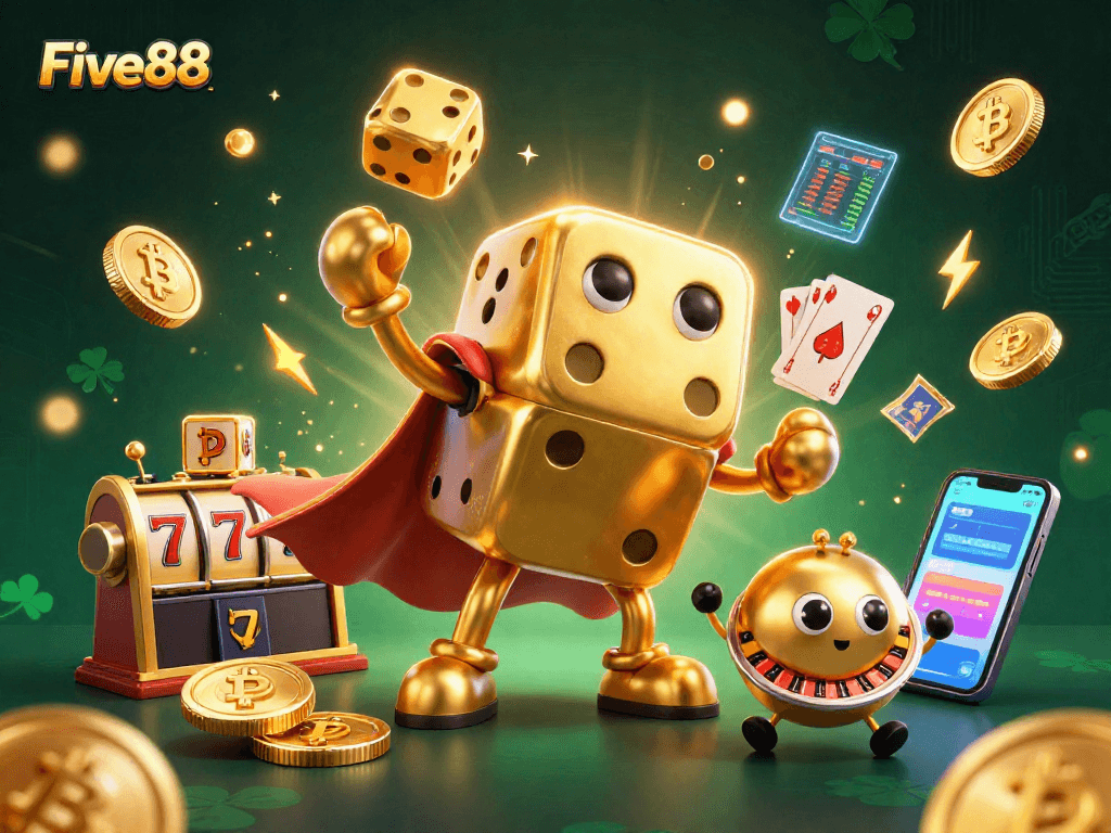 Five88 casino scene featuring a golden dice golem with slot reels and crypto elements.
