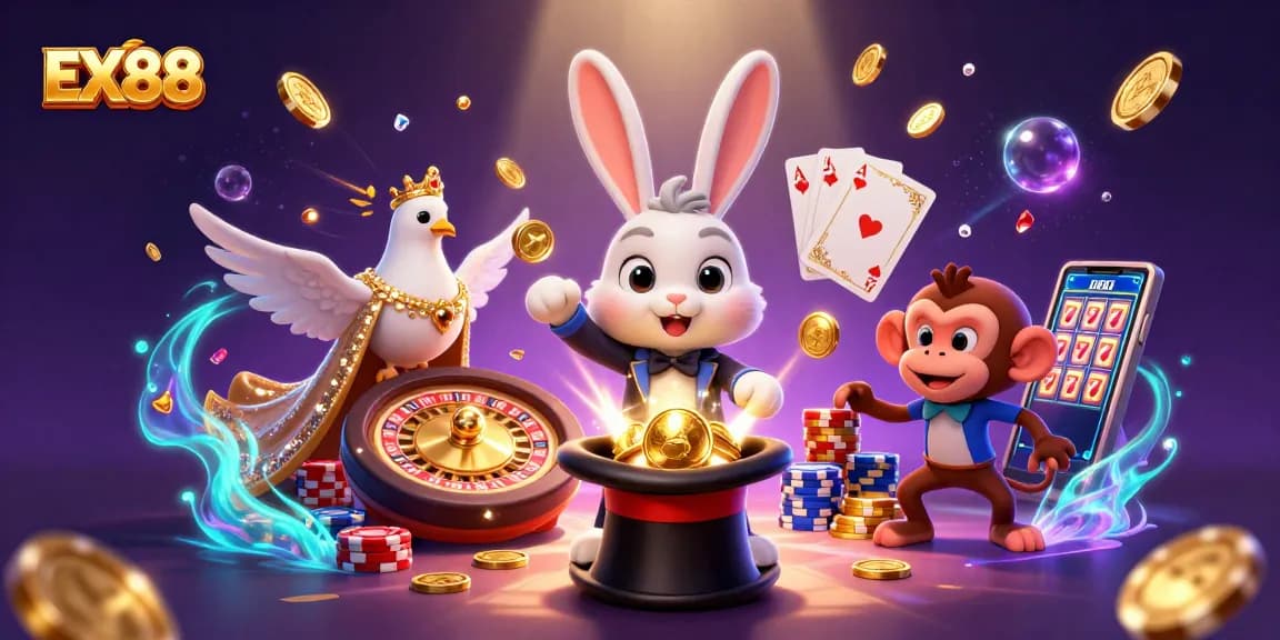Experience the magic of EX88 with a 3D illustration featuring a rabbit, dove, and monkey amidst casino elements.