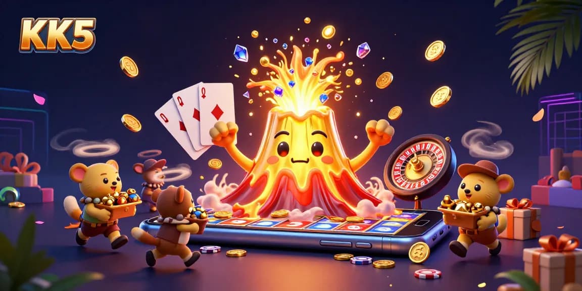 KK5 offers thrilling gaming experiences with a volcano erupting riches and excited characters enjoying the action.