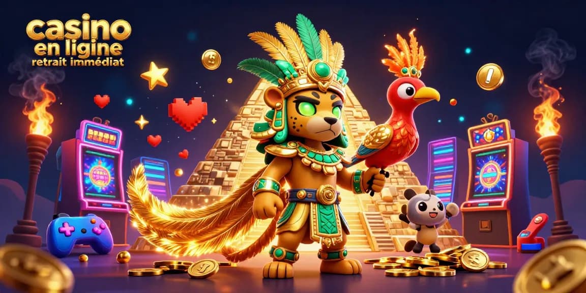 Visualisez la scène colorée "casino en ligne retrait immédiat" grâce à un prêtre jaguar et un oiseau quetzal dans un décor dynamique.