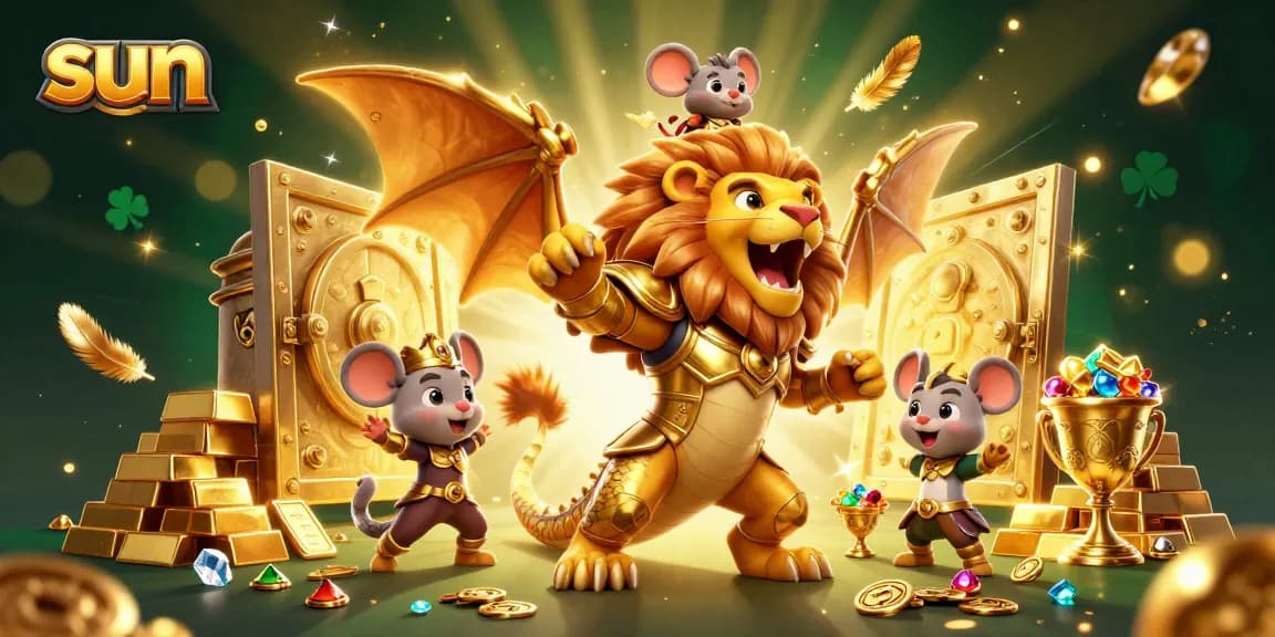 Join the sun's triumphant adventure in this vibrant casino scene with roaring chimera and treasures.