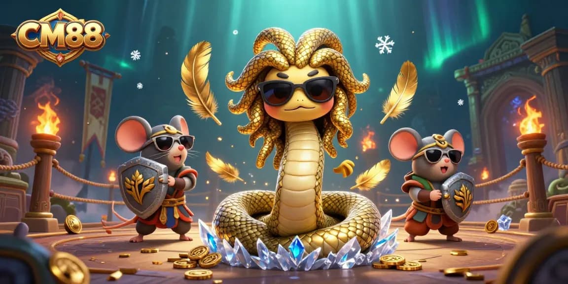 Play games at CM88 with Medusa and warrior mouse in vibrant casino scene.