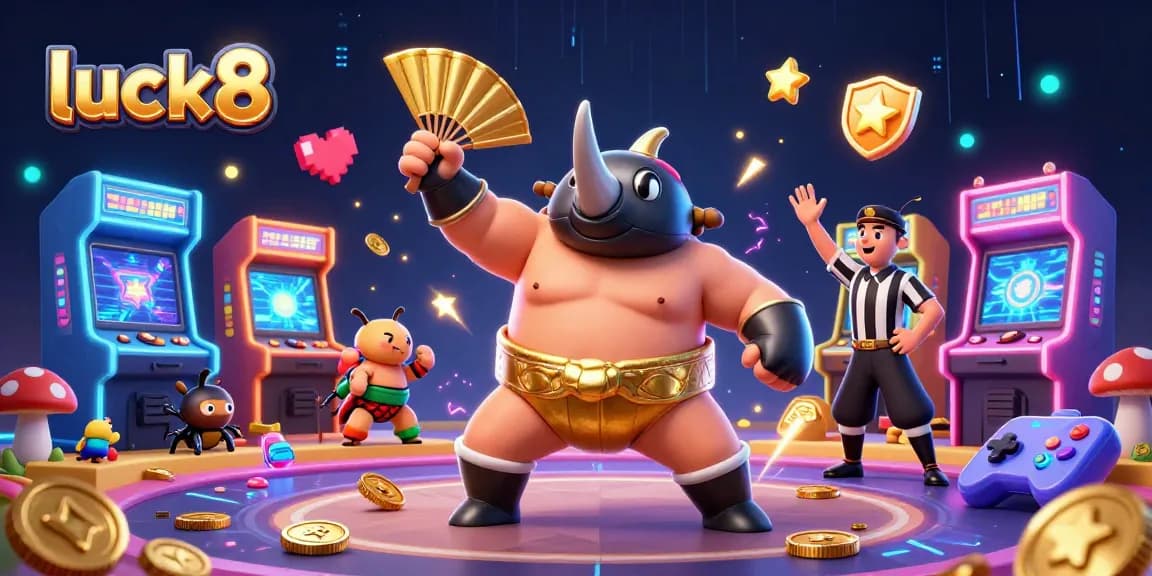 Watch luck8's thrilling gameplay with vibrant 3D characters battling for coins and riches in this dynamic scene.