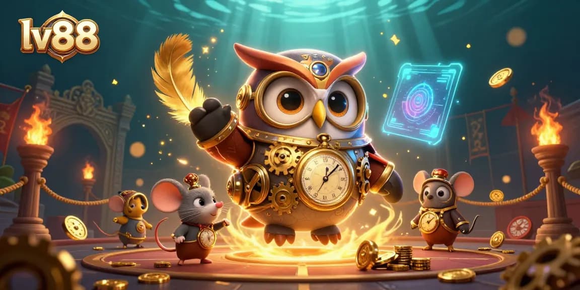 Engage with lv88's vibrant casino world through a detailed illustration showcasing an enchanting owl and mouse.