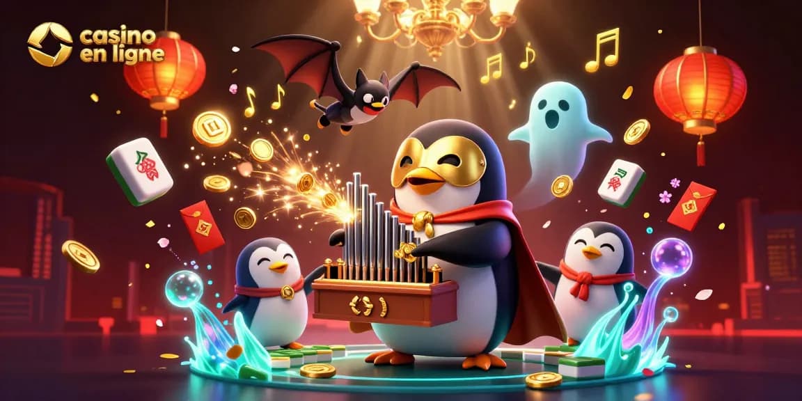 Plongez dans l'univers du casino en ligne avec un pingouin fantôme jouant un orgue doré, entouré de pièces et de lanternes.