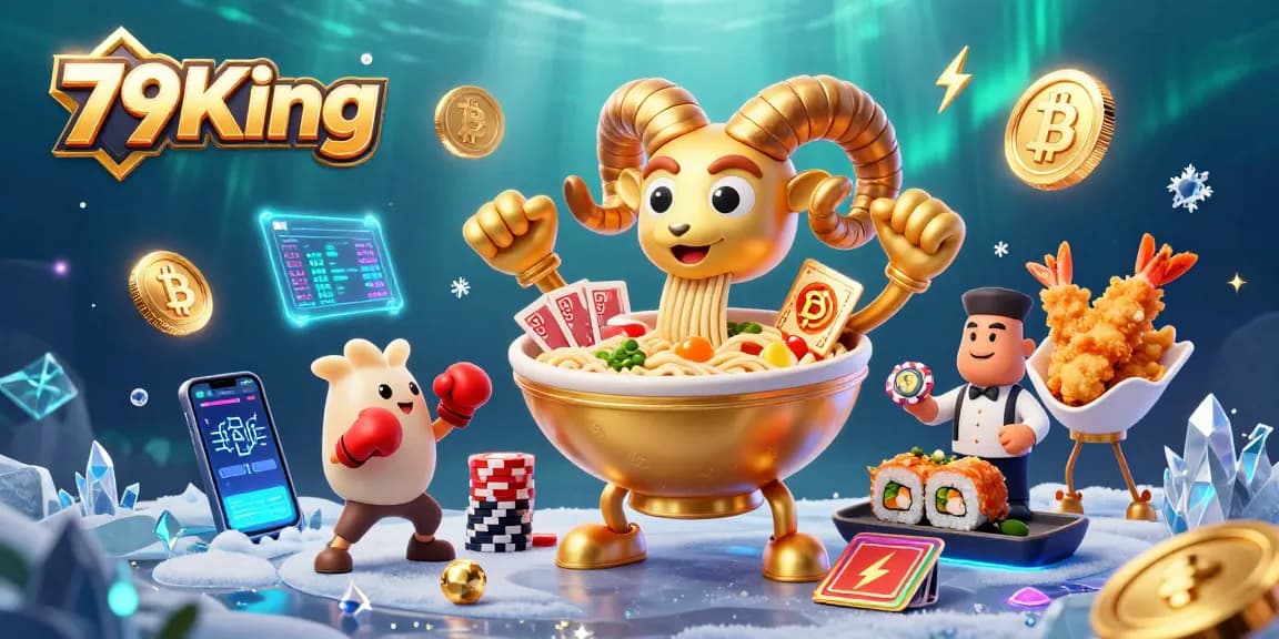 79King's golden ramen bowl character champions casino games amidst dazzling 3D elements.