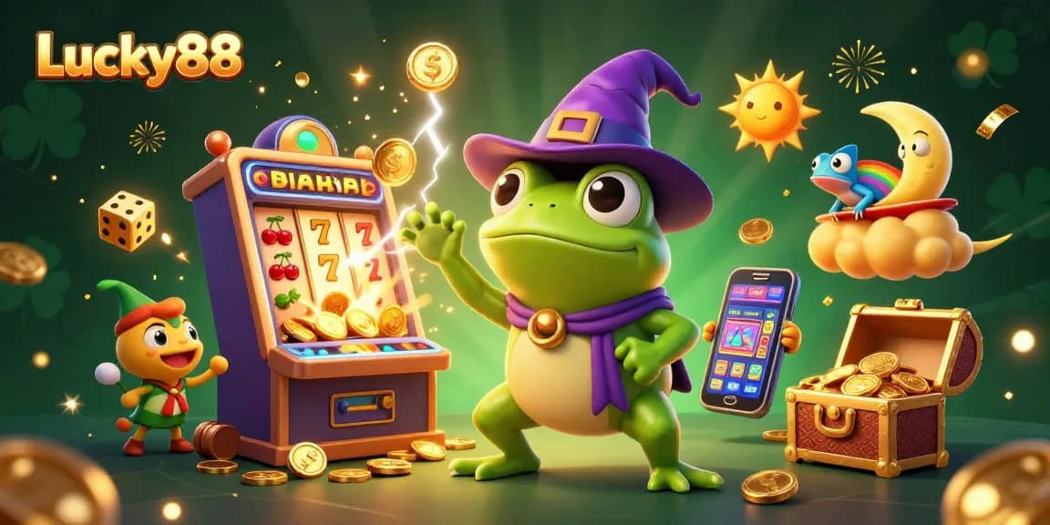 Win big with Lucky88, featuring a magical casino scene filled with coins and colorful elements.
