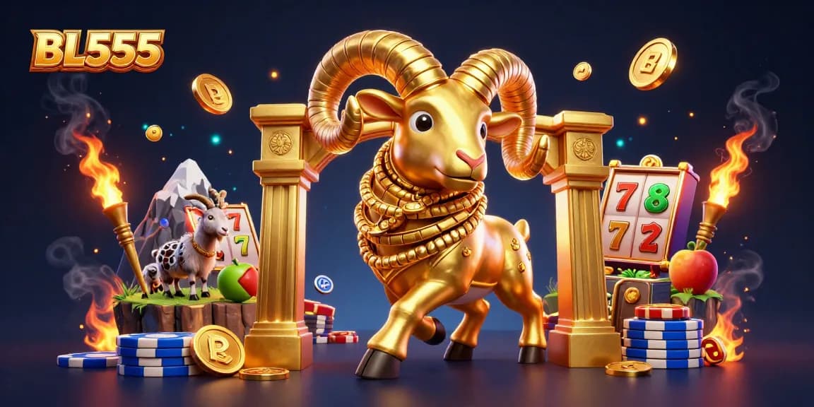 Engage with BL555's thrilling slot games featuring a golden ram charging through a vibrant casino.