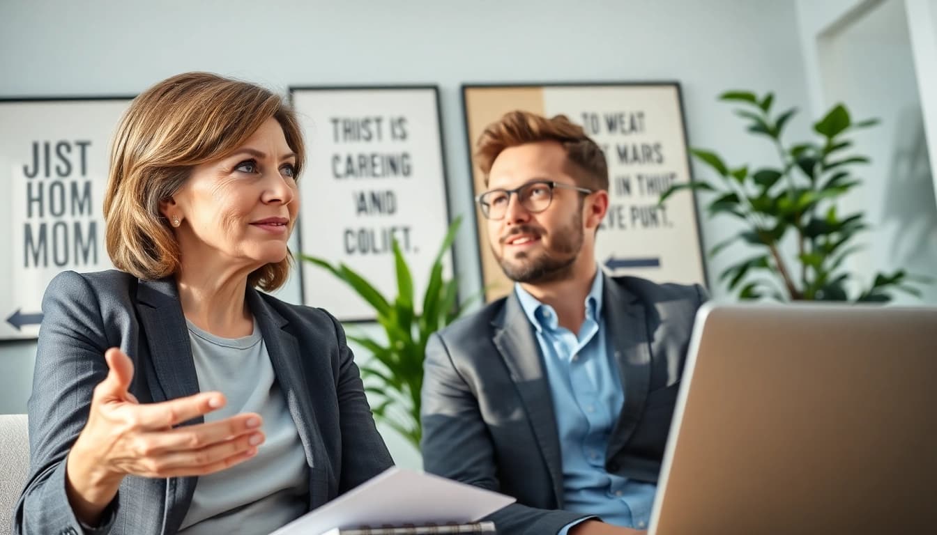 Engage in Career Coaching with a professional coach guiding a client in a warm environment.