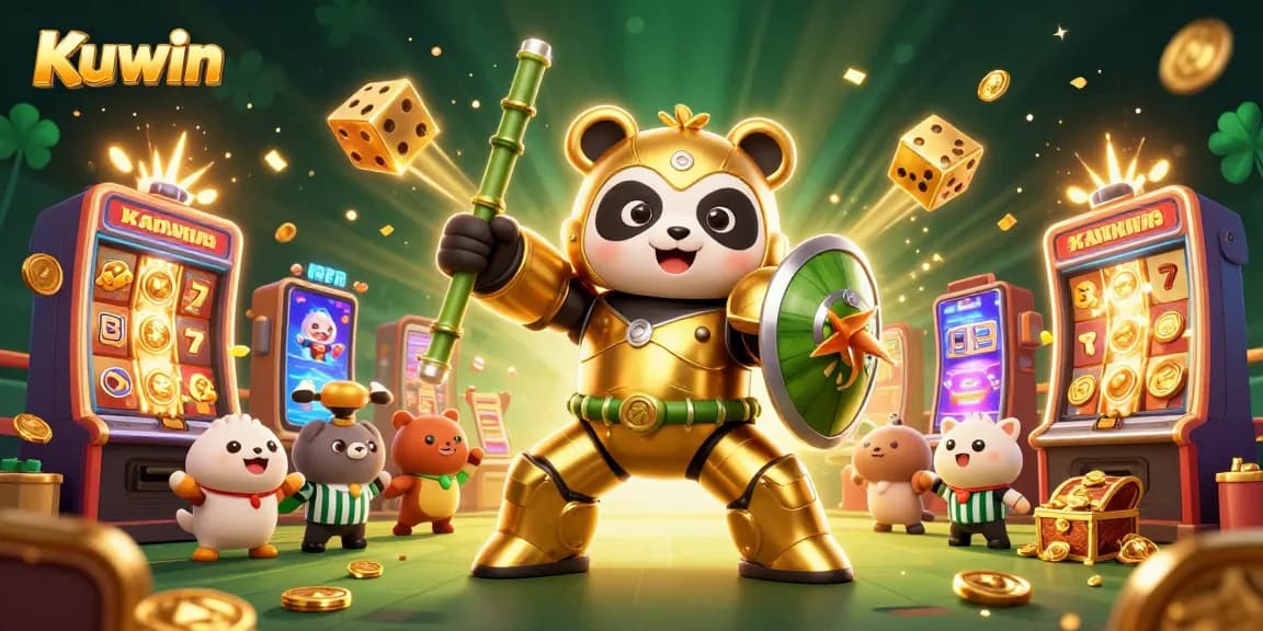 Kuwin's vibrant casino scene showcasing a golden panda robot amidst dynamic gaming elements and an energetic atmosphere.