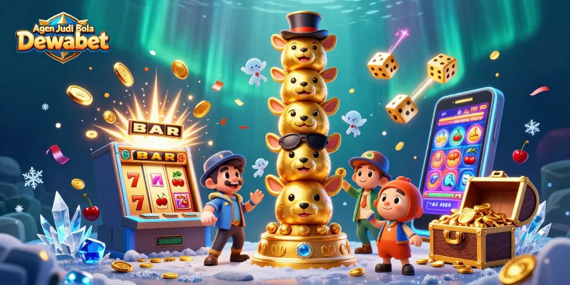 Agen Judi Bola Dewabet showcases a vibrant 3D casino illustration with a golden totem pole and dynamic gambling elements.