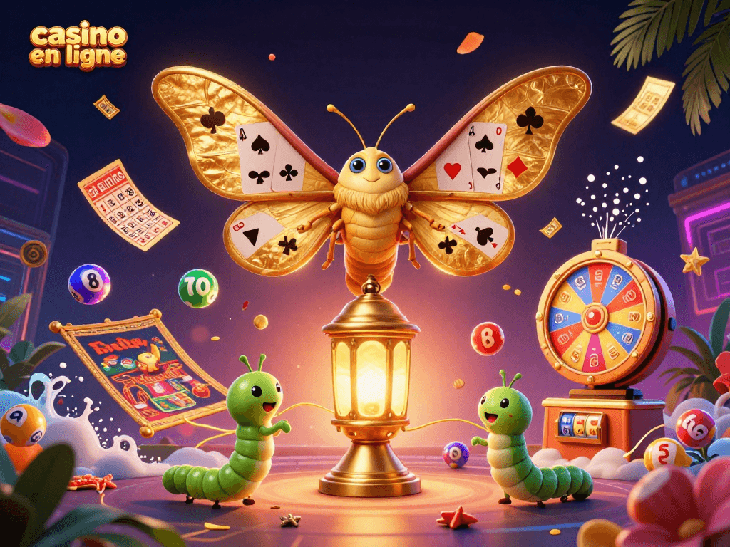Jouez au casino en ligne avec ce papillon 3D carnavalesque dans un univers dynamique et doré.