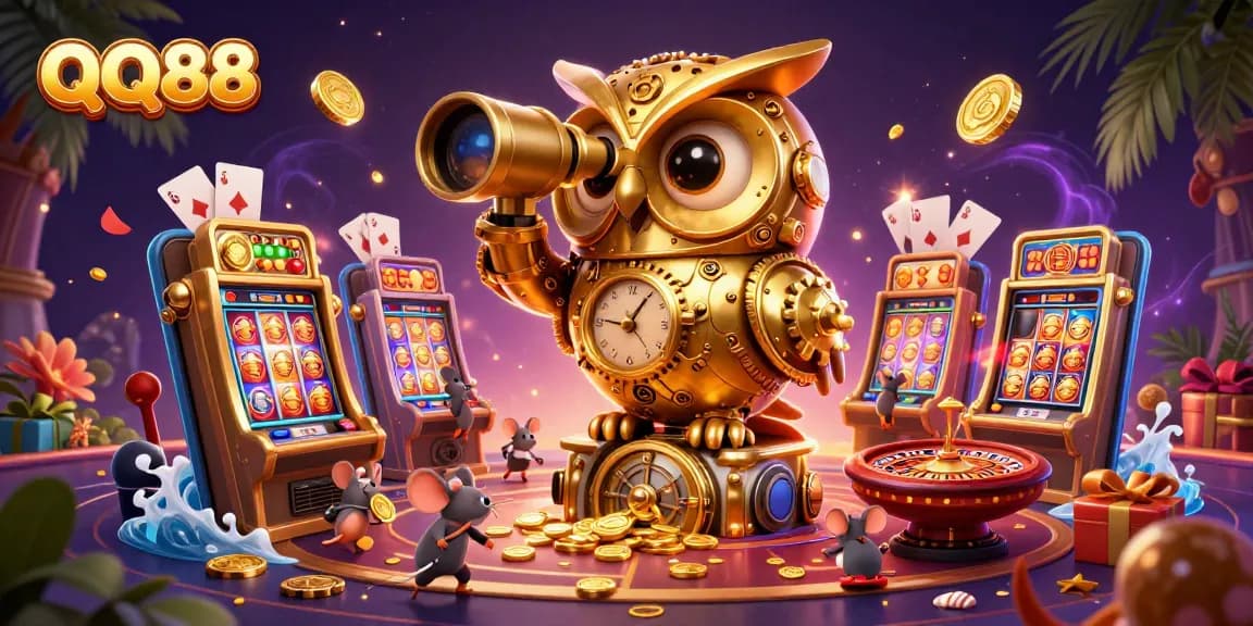 Engage with QQ88's thrilling slots, featuring a vibrant casino scene with animated golden owl and game elements.