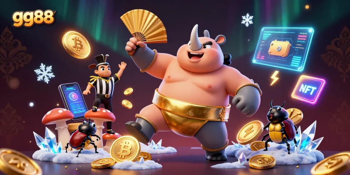 gg88 features a powerful 3D beetle champion surrounded by crypto elements, showcasing excitement in gaming.