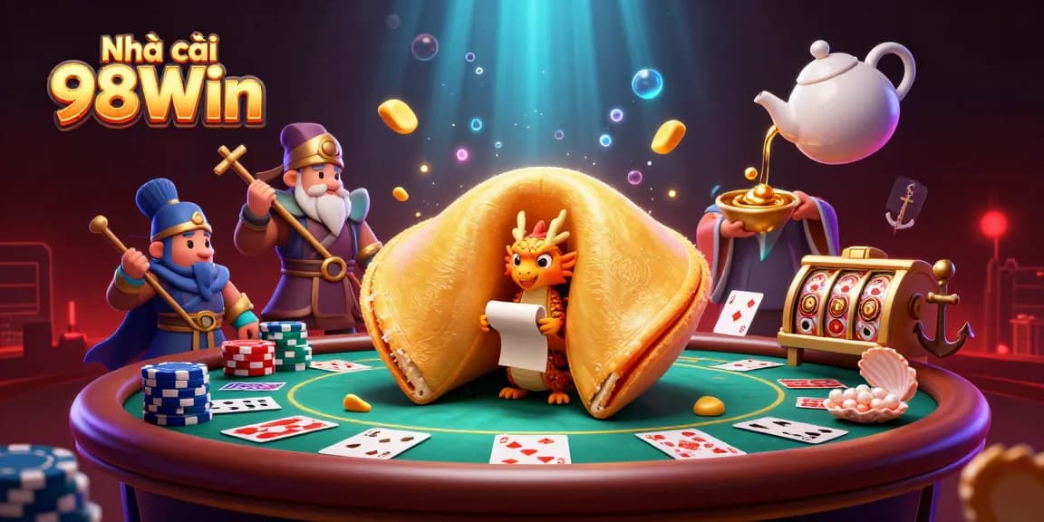 Play poker strategically at Nhà cái 98Win with vibrant 3D illustration highlighting gaming elements and teamwork.