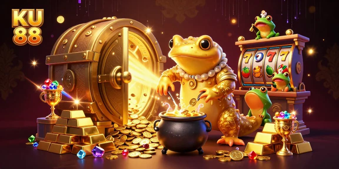 KU 88 captivates with a vibrant 3D scene of alchemy, gold coins, and thrilling slot elements.