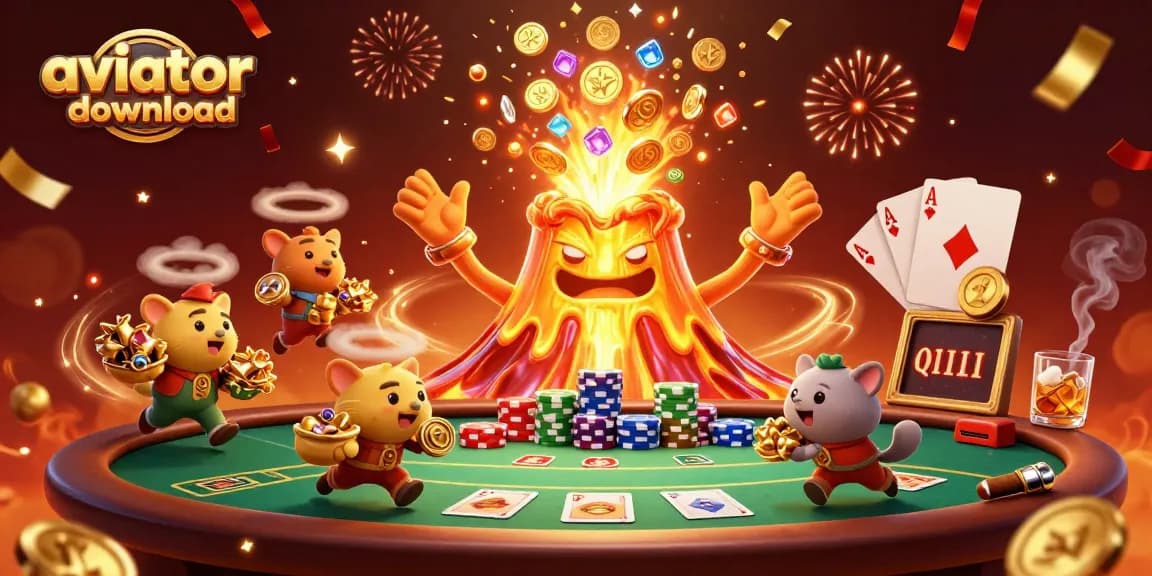 Play exciting games with aviator download, featuring a golden volcano erupting coins and treasures.