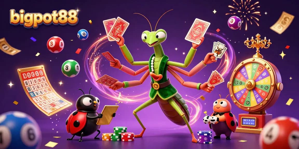 bigpot88 menghadirkan momen kemenangan dengan kartu dan lotere yang berwarna-warni dan efek meriah.