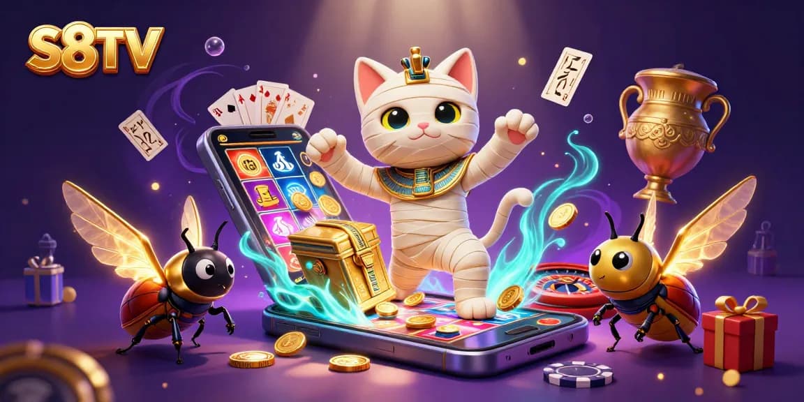 Play thrilling games at S8TV with dynamic mummy cat and glowing scarab in an exciting casino scene.