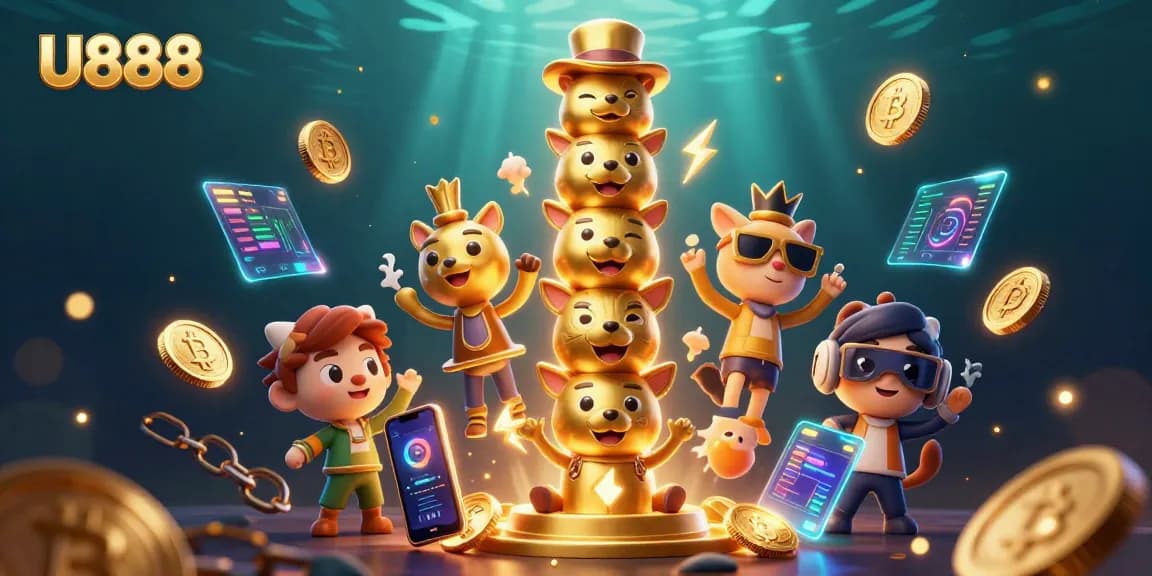 Experience the thrilling world of U888 with vibrant animated characters and glowing crypto elements cascading around.