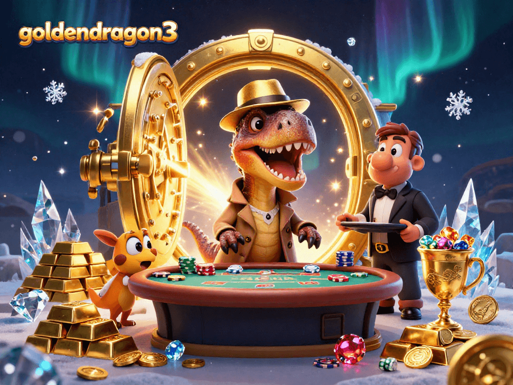 Exciting action at the goldendragon3 casino with a clever velociraptor card counter and vibrant treasures.