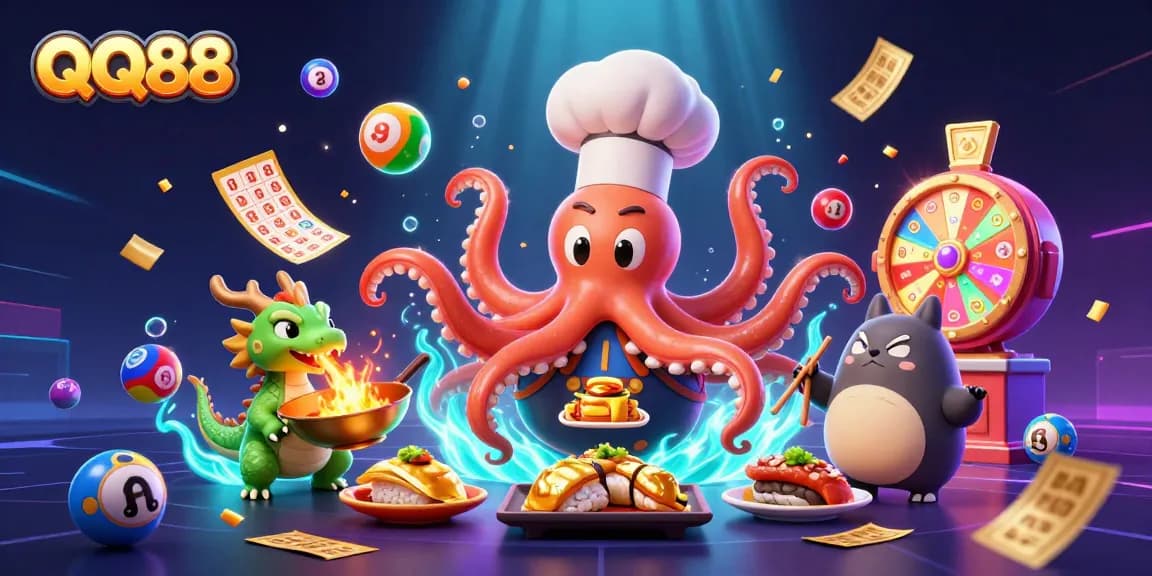 Engage with QQ88's exciting gaming experience featuring vibrant lottery elements and characters in action.