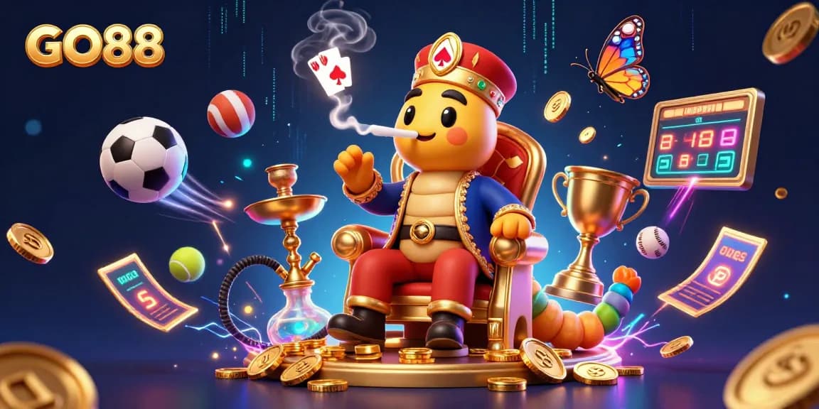 Bet on exciting outcomes with GO88’s vibrant game scene featuring poker symbols and lively sports elements.
