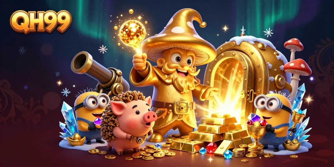 Experience QH99 fish shooting adventure with a magical golden mushroom wizard and treasures!