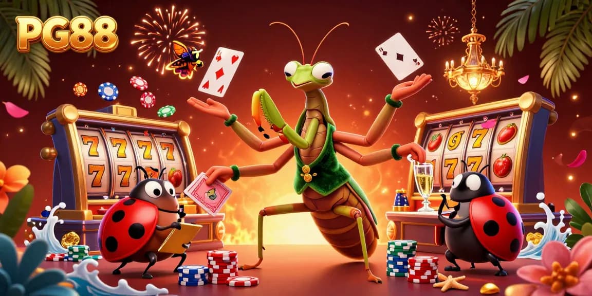 Experience the vibrant action of PG88 with a lively casino scene featuring a giant mantis card sharp and a ladybug pit boss.