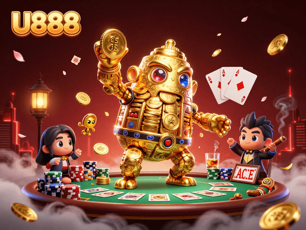 Experience the thrilling U888 casino gaming scene with a golden golem and poker elements.