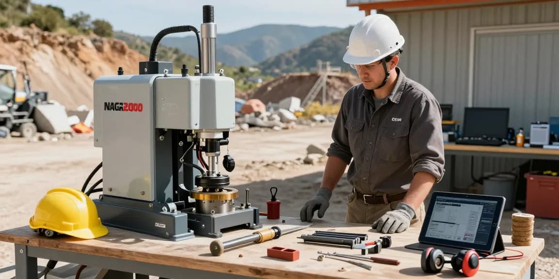 NAGA2000 tools showcased in an industrial gold mining workspace with operator inspecting machinery and digital monitoring equipment.