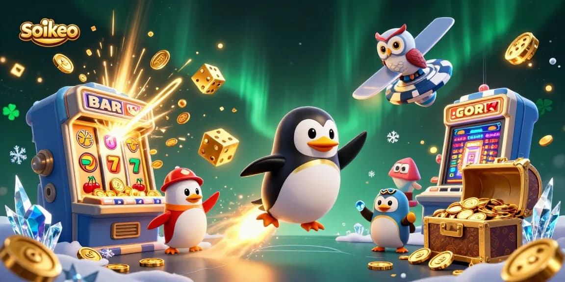 soikeo sports betting visual featuring a golden penguin and jackpot slot machines in a vibrant space scene
