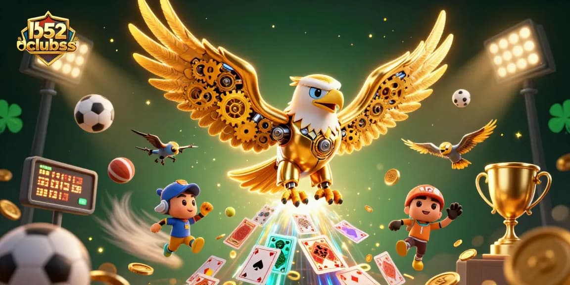 Experience thrilling gameplay at b52clubss with vibrant 3D casino elements and golden eagle diving through cards.