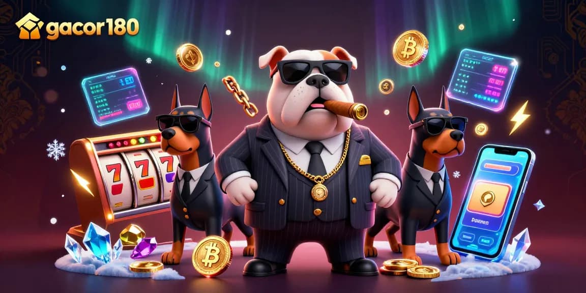 Permainan gacor180 memberi keseruan dengan karakter bulldog mafia dan elemen permainan kasino menghiasi gambar.