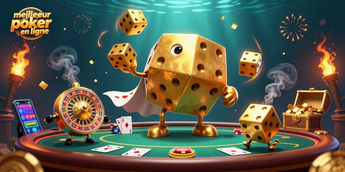 Découvrez le meilleur site de poker en ligne avec cette illustration dynamique où un golem de dés en or jongle avec des dés tout en étant entouré d'une table de poker.