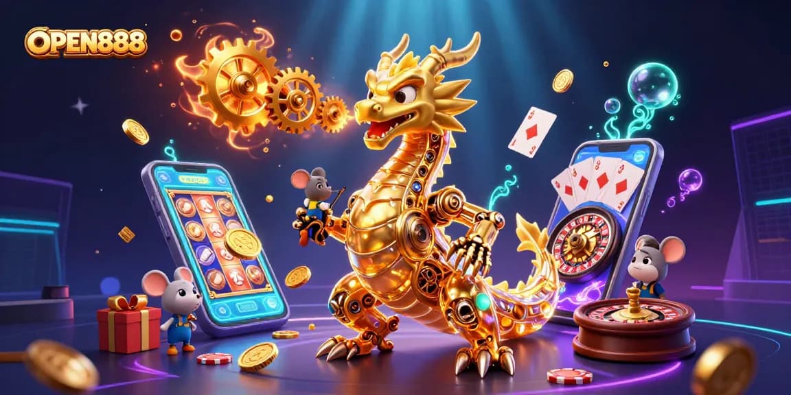 Engage with OPEN888's thrilling gaming experience featuring a golden dragon and exciting slot machines.