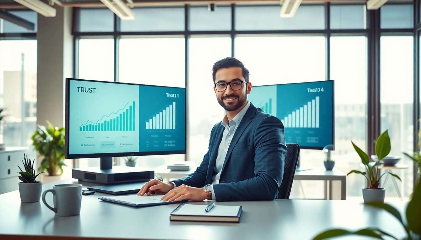 Showcase themonitordaily.com as an essential guide for digital entrepreneurs in a bright office.