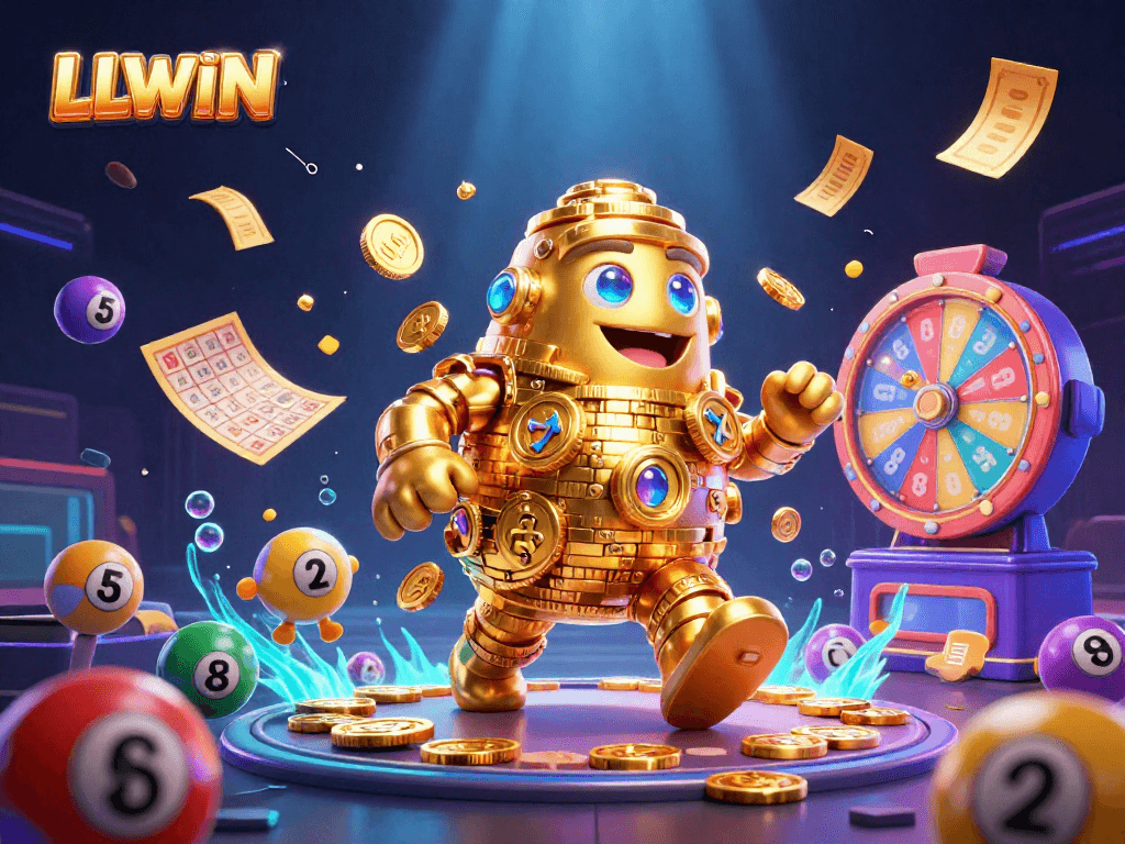 Experience thrilling gameplay at LLWIN with an animated golden golem and a vibrant lottery scene.