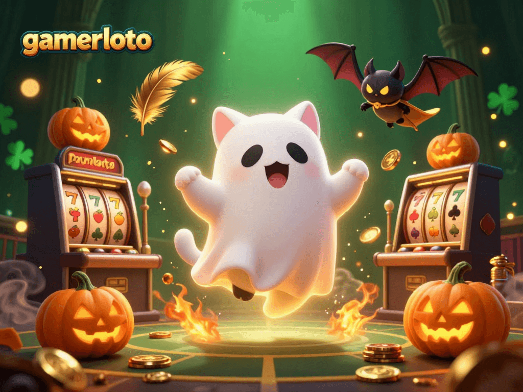 Experience gamerloto excitement with the ghost cat and energetic casino-themed scene.