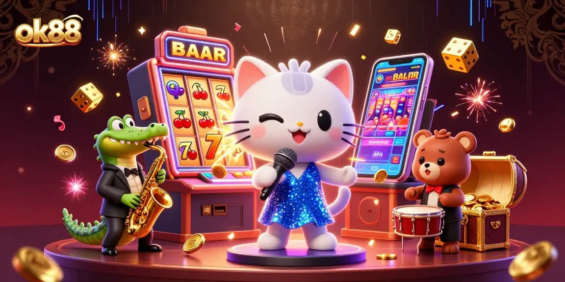 ok88 offers a vibrant casino atmosphere with exciting characters performing against dynamic game elements.