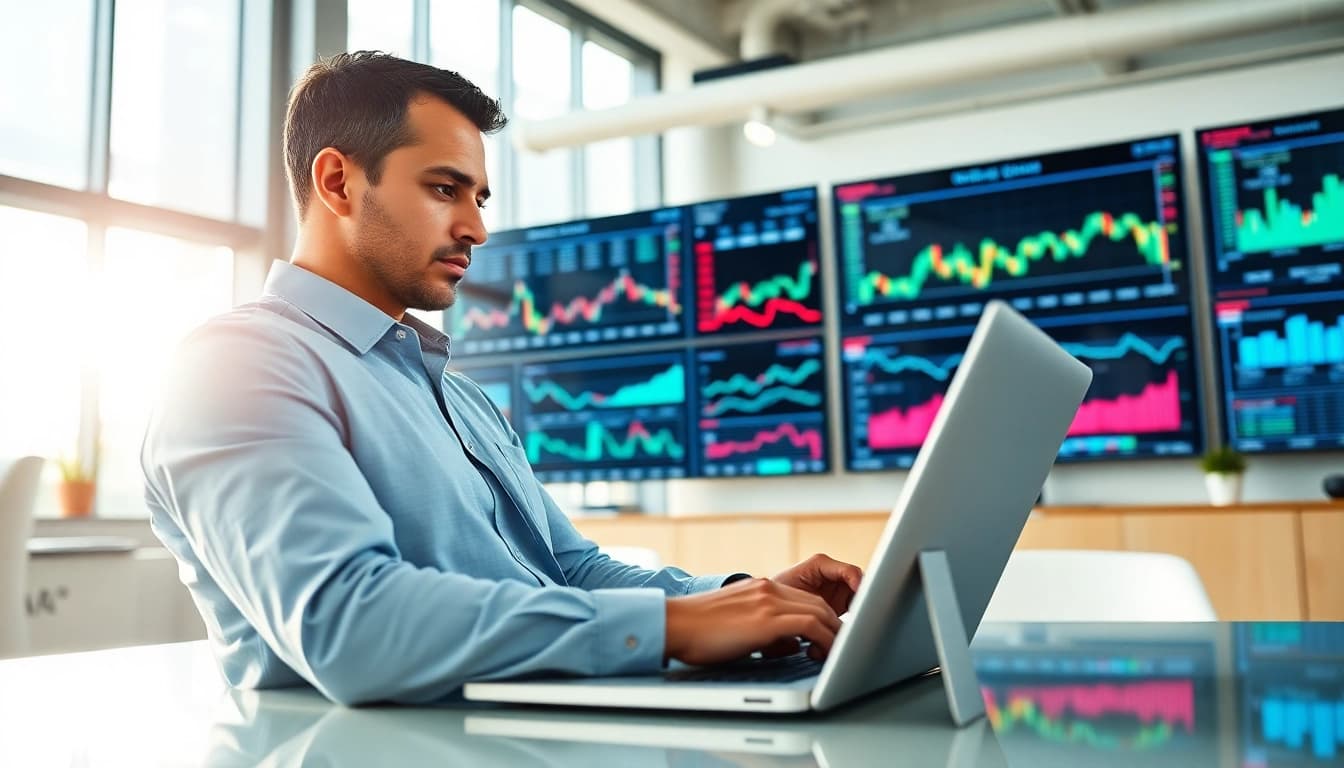 Engaging visual of AI Investing with a professional analyzing market data on a laptop.
