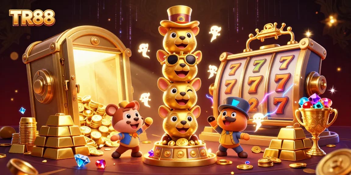 Play TR88 with vibrant slot reels and casino treasures swirling around the 3D totem character.