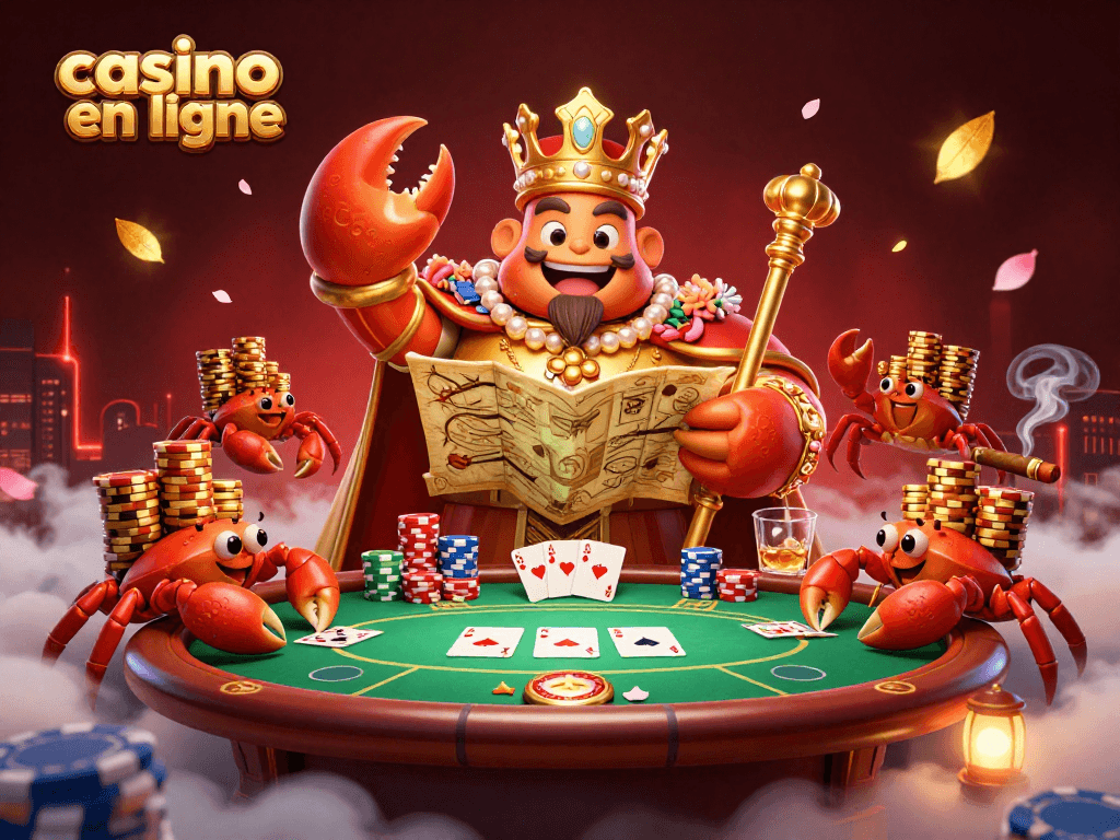 Jouez au casino en ligne avec un crabe empereur en or entouré de serveurs de crabes et d'éléments de poker.
